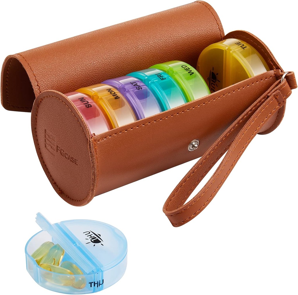 FGcase Weekly Pill Organizer 2 gange om dagen Stor 7 dag Rainbow Pill Box med brun PU læder sag Portable Travel Medication Container AM PM Pill Box for vitaminer, fiskeolier, medicin, kosttilskud