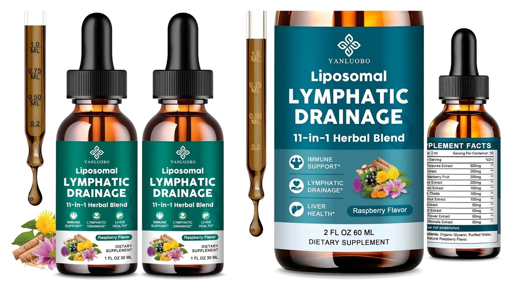 Lymphatic Drainage Drops - 11 in 1 Lymphatic Supplement for Immune, Lymph System & Liver Detox - with Echinacea, Horse Chestnut, Dandelion, Elderberry & Burdock - Raspberry Flavor, Vegan, 2 Fl Oz