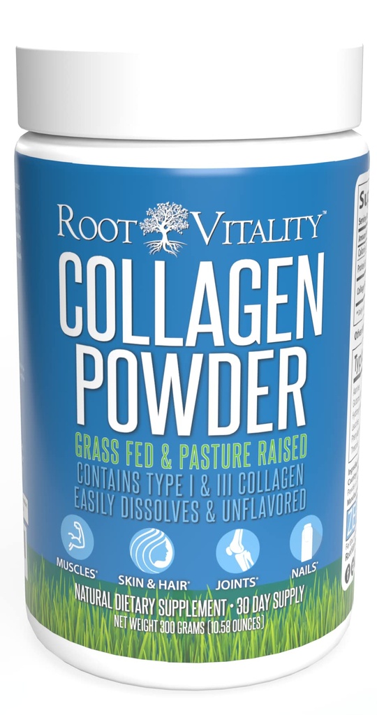 Root Vitality Collagen Peptider Powder - Grass- Fed, Pasture- Raised Hydrolysed Protein Supplement for hud, hår, & negle - Non-GMO, Zero Sugar Daily Supplement for mænd og kvinder (30 Servere)