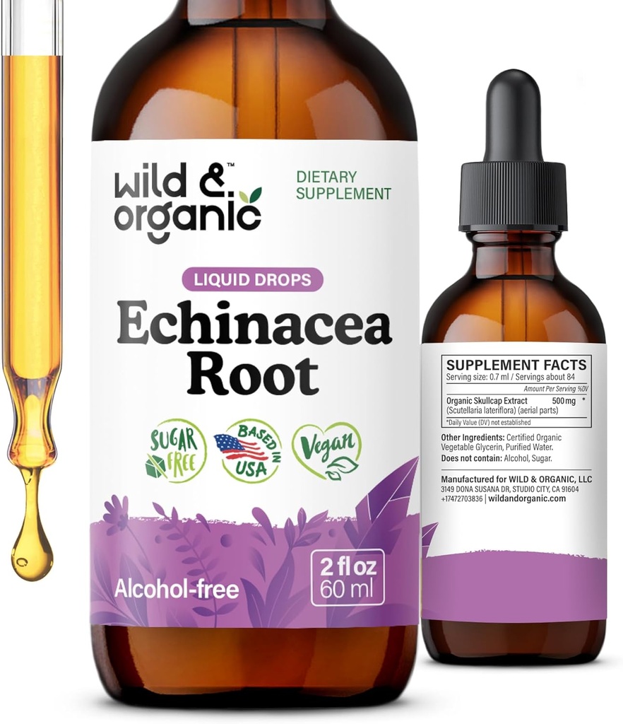 Wild & Organic Echinacea Tincture - Immunsupport Drops med flydende Echinacea Root Extract - Angustifolia Kosttilskud - Vegan, Sukker & Alkohol- Free - 2 fl oz