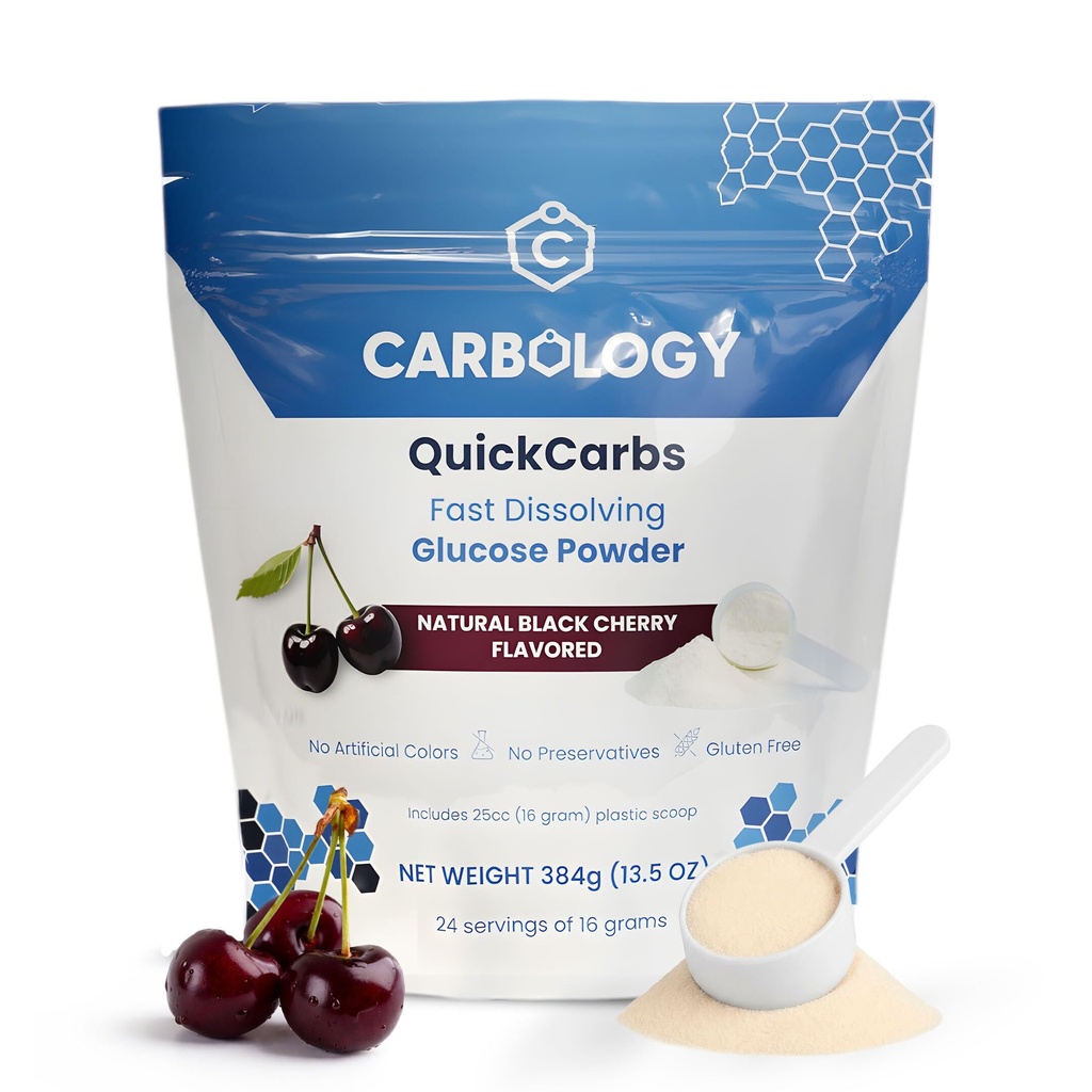 Carbology QuickCarbs Mini CarbPak - Fast-Acting Bulk Glucose Powder Energy Blend - Natural Black Cherry - 24 Servings - Resealable Carry Kit with Scoop