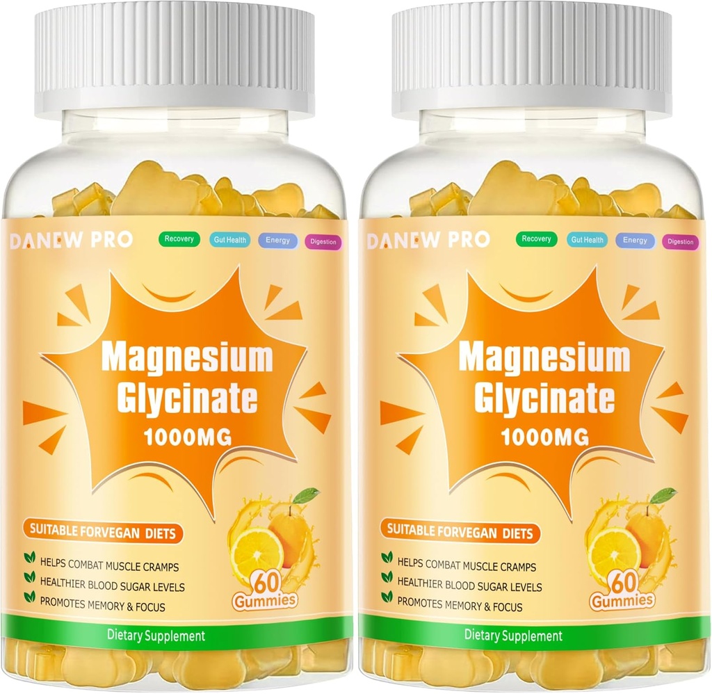 Magnesium Glycinate Gummies 1000mg - Sugar Free Magnesium Kalium Supplement med D-vitamin, B6, CoQ10 for Calm Mood & Sleep Support - 120 Orange Gummies