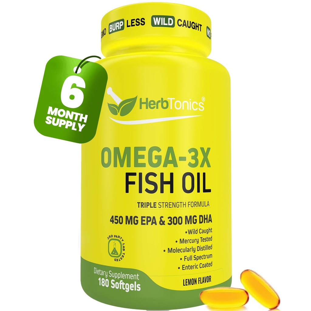 Herbtonics Omega 3 Fish Oil 1250mg - High EPA 450mg + DHA 300mg for Heart & Brain Health | Triple Strength, Burpless Lemon Flavor, Wild Caught | 180 Softgels (Up to 6 Month Supply)