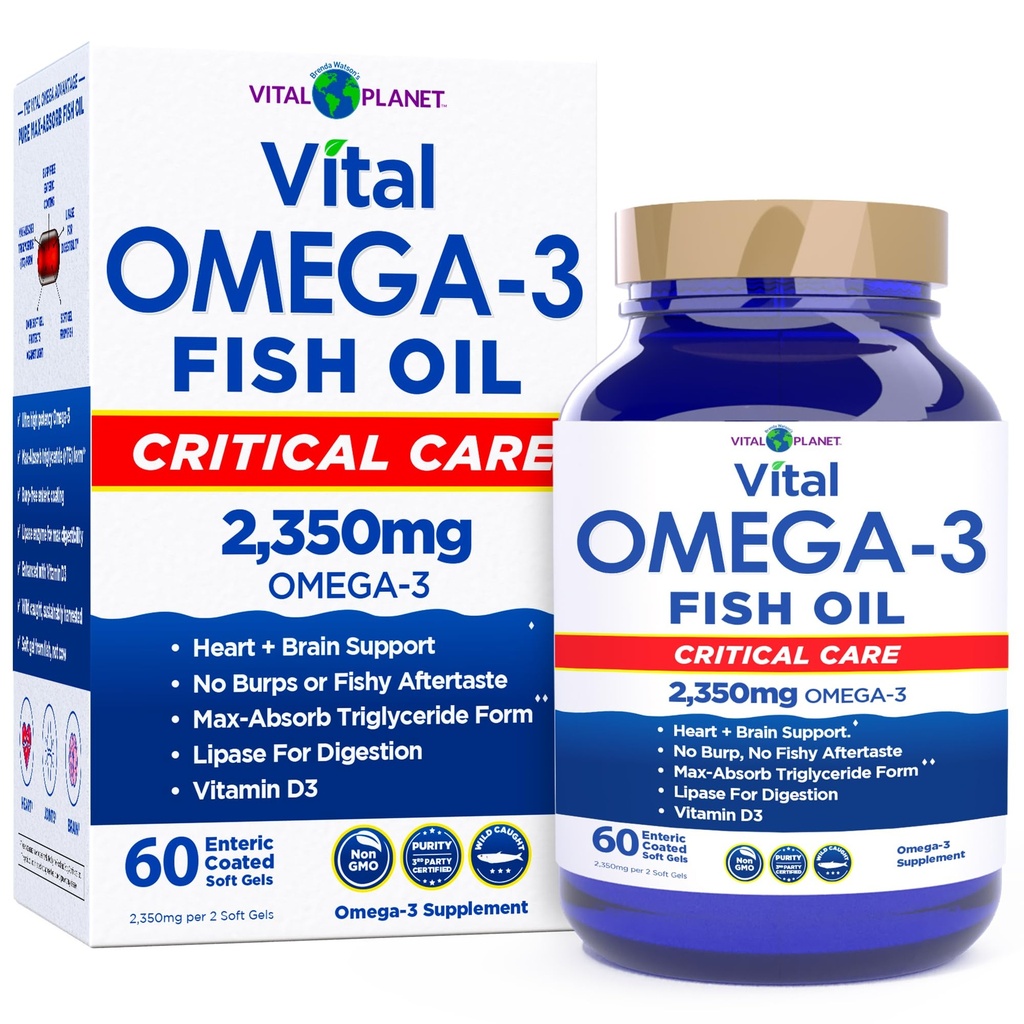 Vital Planet - Vital Omega 3 Fish Oil Critical Care Supplement with 2350mg of High Potency Wild Caught Omega 3 Fatty Acid Supplements EPA DHA and DPA for Heart Health 60 Softgels (Packaging May Vary)