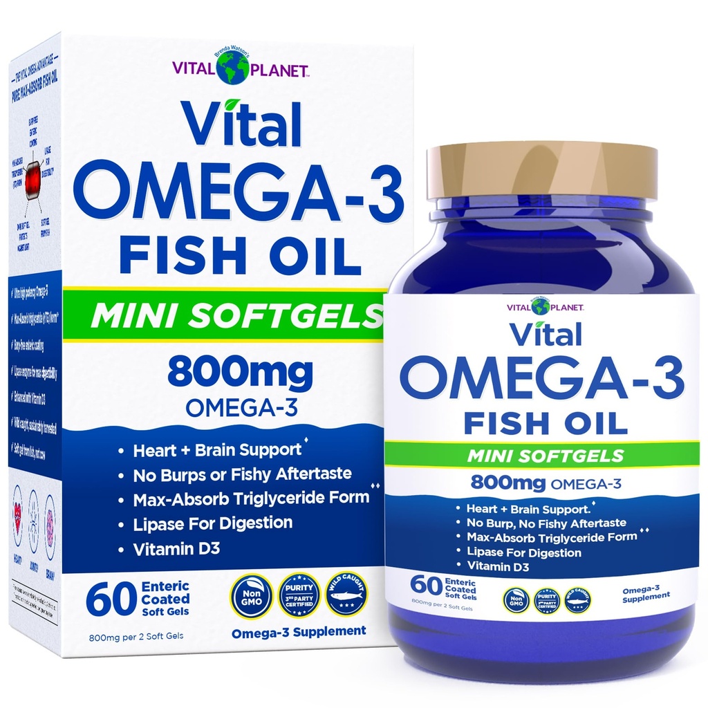 Vital Planet - Vital Omega 3 Fish Oil Mini Softgels Supplement with 800mg of High Potency Wild Caught Omega 3 Fatty Acid Supplements EPA DHA and DPA for Heart Health 60 Softgels (Packaging May Vary)