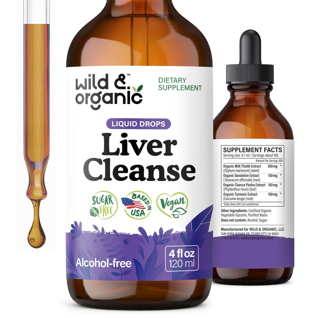Wild & Organic Lever Cleanse Detox Tinktur - Mælk Tistle, Mælkebøtte Root Herbal Complex - Flydende Lever Support - Vegan, Sukker & Alkohol- Gratis Mælk Tistle Drops - 4 fl oz