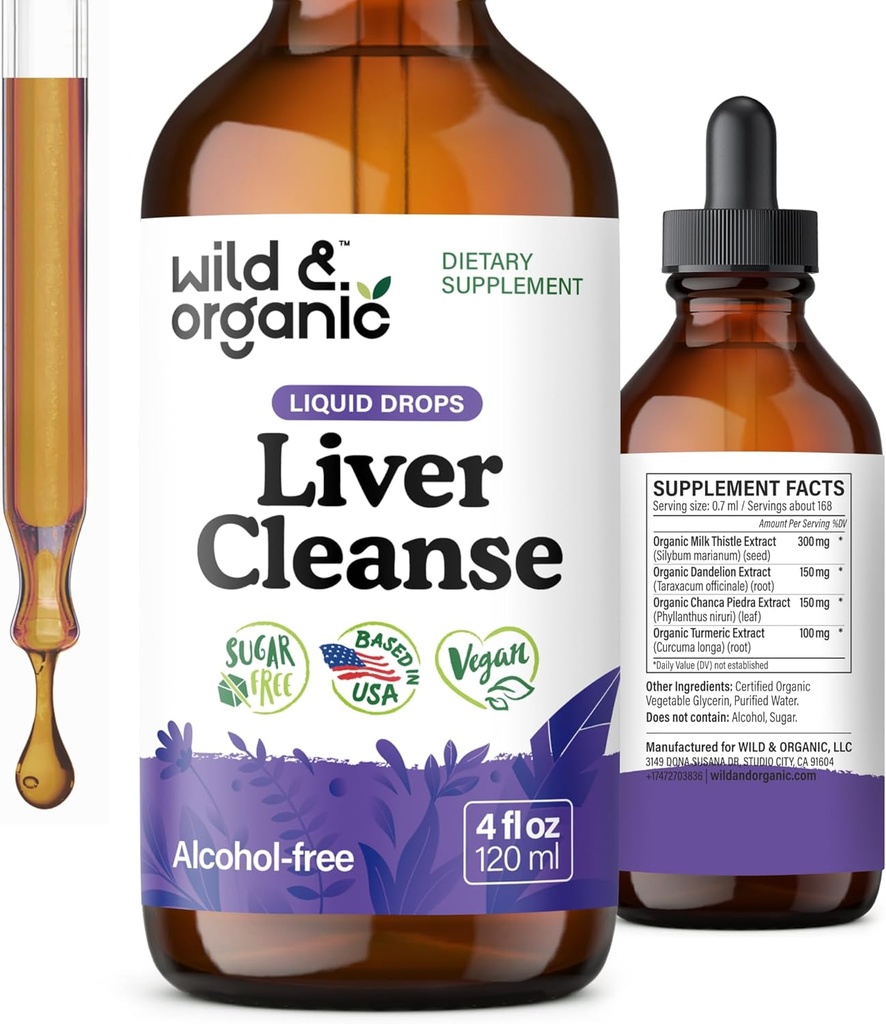 Wild & Organic Liver Cleanse Detox Tincture - Milk Thistle, Dandelion Root Herbal Complex - Liquid Liver Support Supplement - Vegan, Sugar & Alcohol-Free Milk Thistle Drops - 4 fl oz
