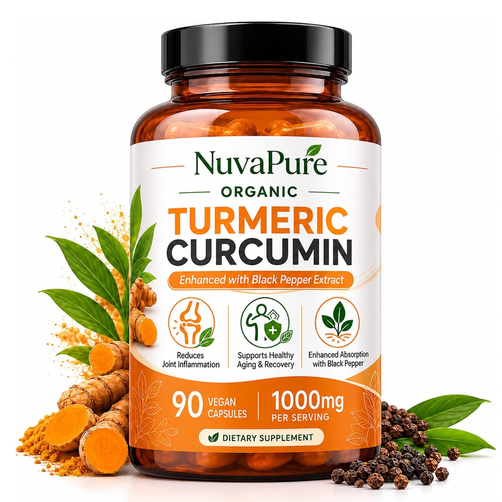 NuvaPure Turmeric Curcumin with Black Pepper – 1000mg Organic Turmeric Supplement, Joint Comfort Supports – 90 Vegan Capsules