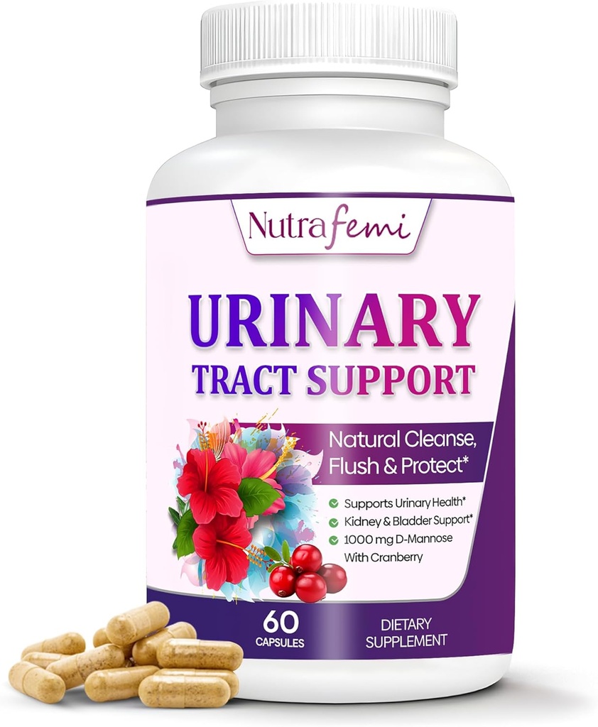 Natural Urinary Tract Health Kosttilskud til kvinder, UTI Health Support, Flushes Urenheder og Cleanses Urinary System, Brege Support, D- Mannose med Cranberry, Mælkebøtte & Hibiscus