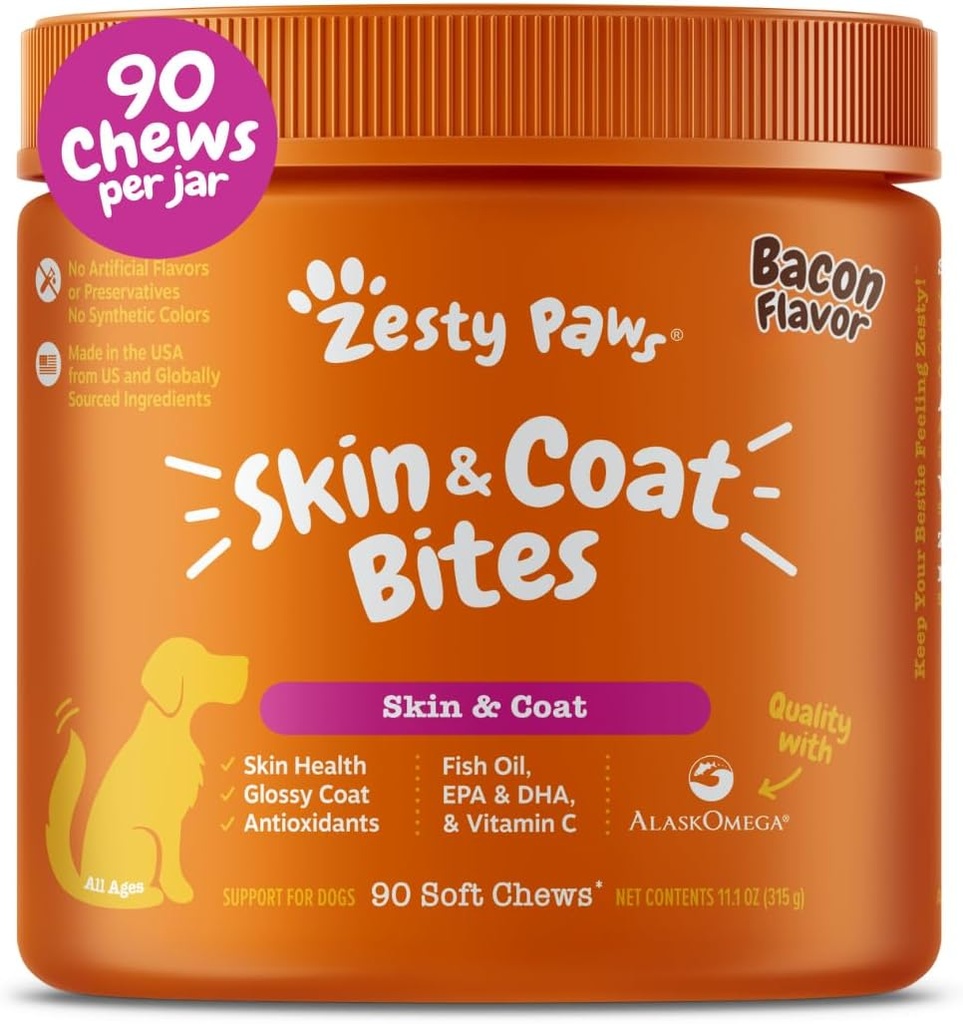 Zesess Paws Omega 3 Fish Oil for Dogs - Zesess Paw Dog Vitaminer og Kosttilskud til Hip, Joint & Skin, Bacon (90 Chews)