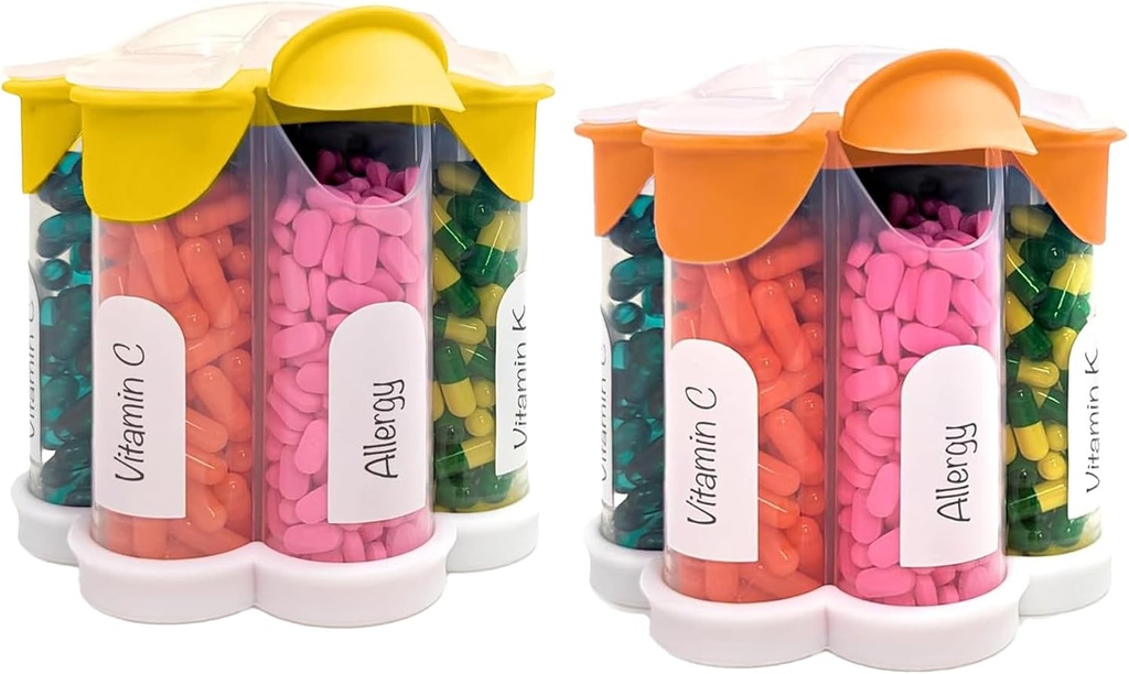 Ekstra Stor Pill Organizer Daglig, Ugentlig, Månedlig Supplement Flaske, Cute Blossom Pill Dispenser med 7 XL kompartmenter (2 Pack Combo) (Orange og gul)
