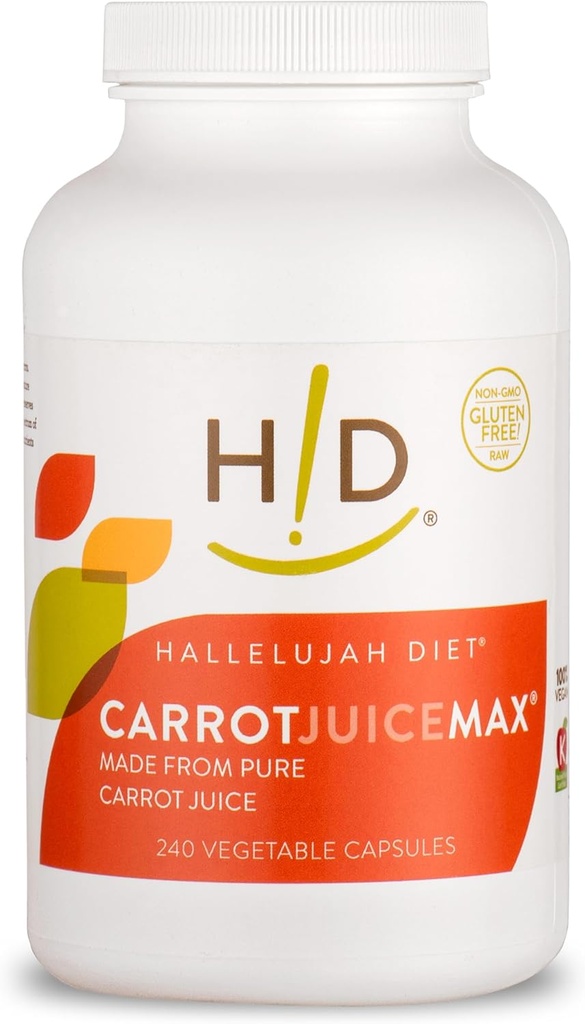 Hallelujah Diet CarrotJuiceMax Vegitable Capsules - Made from Organic Carrot Juice, No Artificial Ingredients, Natural Vitamins and Minerals, Antioxidant Supplement (240 Vegan Capsules)
