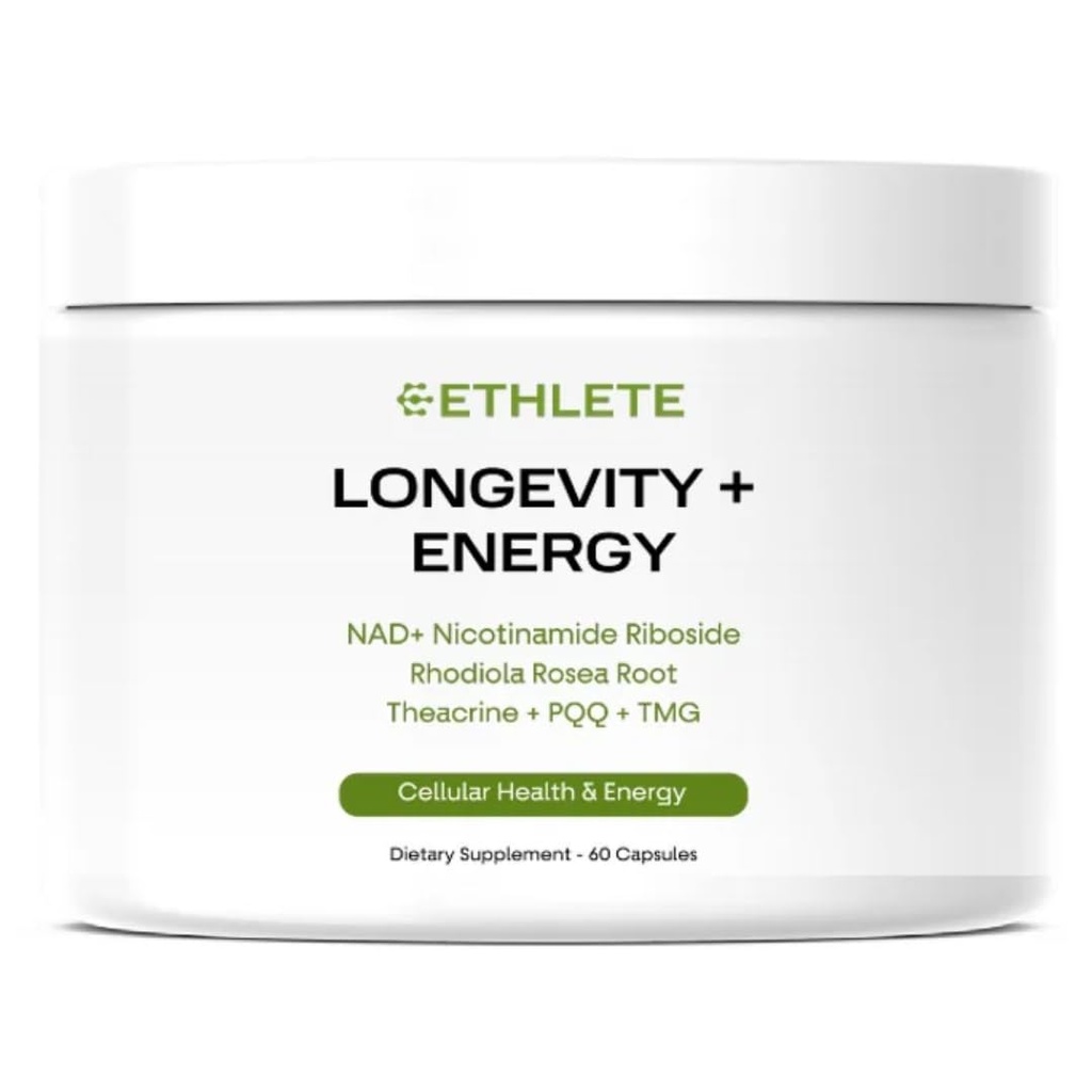 NAD+ Longevity + Energy Supplements with NR, Rhodiola Rosea, TMG & Theacrine, Maximize Strength & Recovery, NAD+ Supplement, PQQ for Anti-Aging, 60 Capsules
