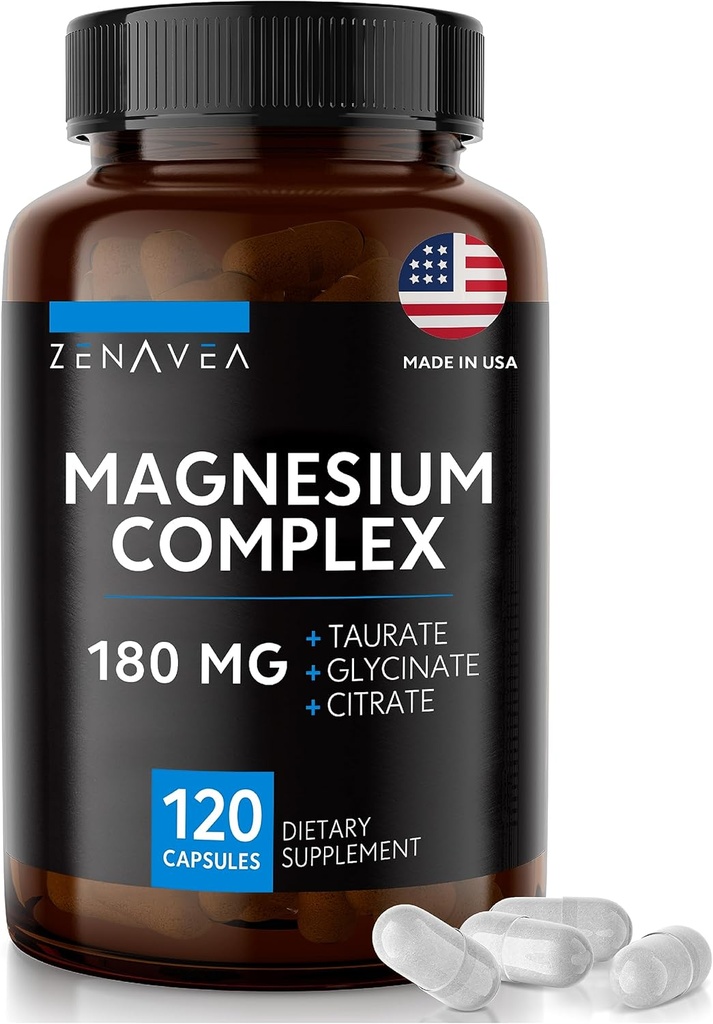 Triple Magnesium Complex Supplement (120 Vegankapsler) - 180 mg Magnesium Glycinate Taurat og Citrate - Calm Magnesium Complex Kosttilskud
