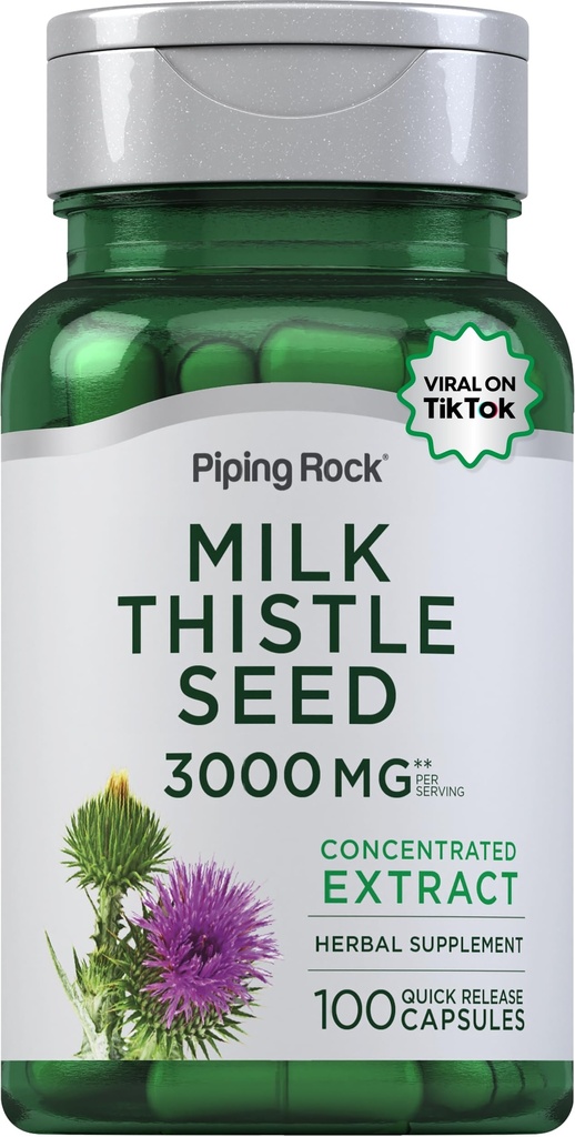 Piping Rock Milk Thistle Supplement 3000mg • 124; 100 kapsler • 124; Koncentreret urteekstrakt • 124; Non- GMO, Gluten Free