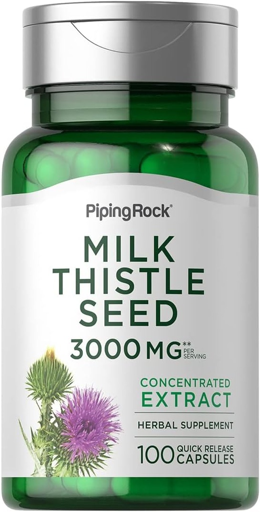 Piping Rock Milk Thistle Supplement 3000mg • 124; 100 kapsler • 124; Koncentreret urteekstrakt • 124; Non- GMO, Gluten Free