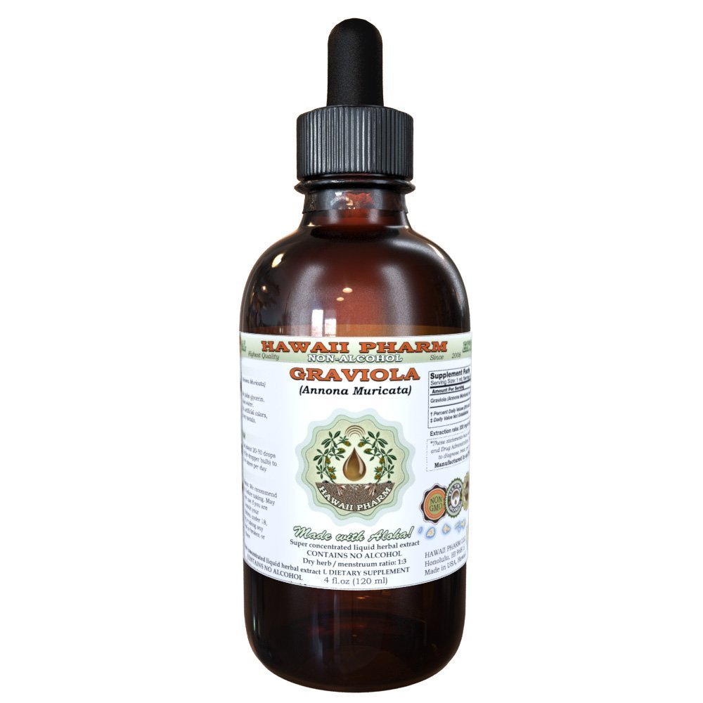 Hawaii Pharm Graviola Alcohol-Free Liquid Extract, Graviola (Annona Muricata) Dried Leaf Glycerite Natural Herbal Supplement 4 oz