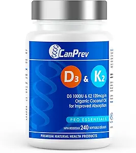 CanPrev D3 & K2 Vitaminer 240 Softgels, 240- Day Supply, 1000IE Vitamin D3 & 120mcg K2, Understøtter stærke knogler, tænder & hjerte Wellness, Easy- to- Absorb med Organic Coconut Oil, Ingen GMO, Gluten, Soy, Dairy