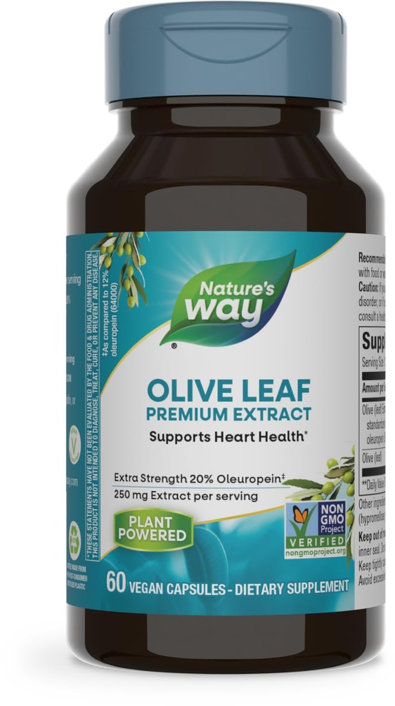 Nature 's Way Olive Leaf, Premium Extract, Understøtter hjerte sundhed *, 20% Oleuropein, 250 mg per servering, Non- GMO Project Verified, 60 Vegan kapsler (Packaging May Vary)