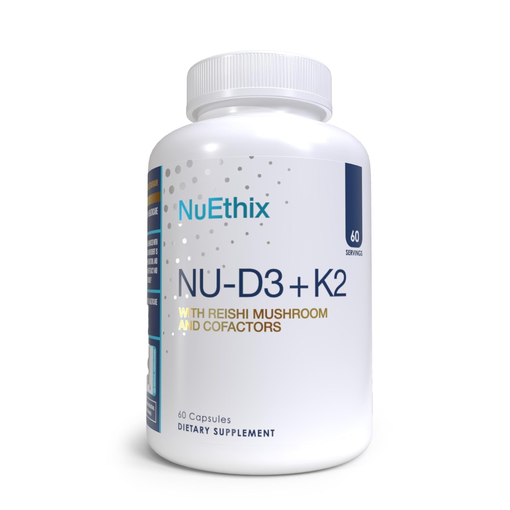 NuEthix Formuleringer NU- D3 + K2 - Vitamin D3 og K2 5000 iu Kosttilskud - pakket med Reishi Mushroom, Magnesium, & Zink - 60ct, 60 Servering - Made in USA Products Only