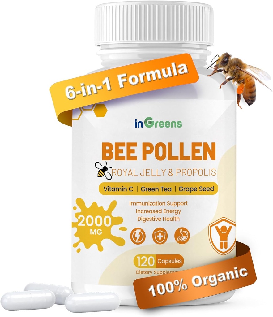 6-in-1 Bee Pollen Supplement, Bee Pollen for kvinder & mænd, Immun & Energy Support, Non- GMO, Made in USA, 120 Kapsler