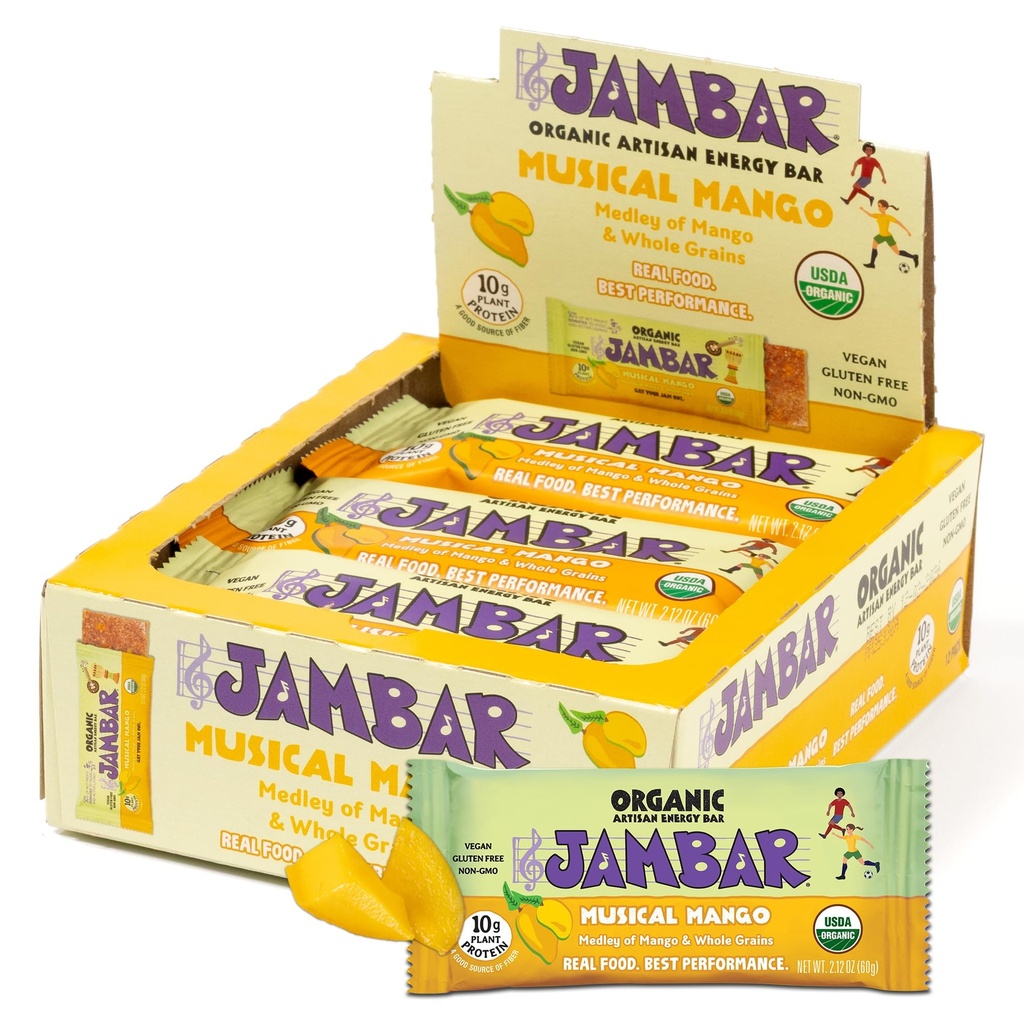 JAMBAR Energy Bars, Organic Protein Bars, Gluten Free Snack Bar, 10g Plant Protein, Vegan, Healthy Snacks, For Adults and Kids, USDA Organic, No Artificial Sweeteners, Musical Mango, 12-Pack