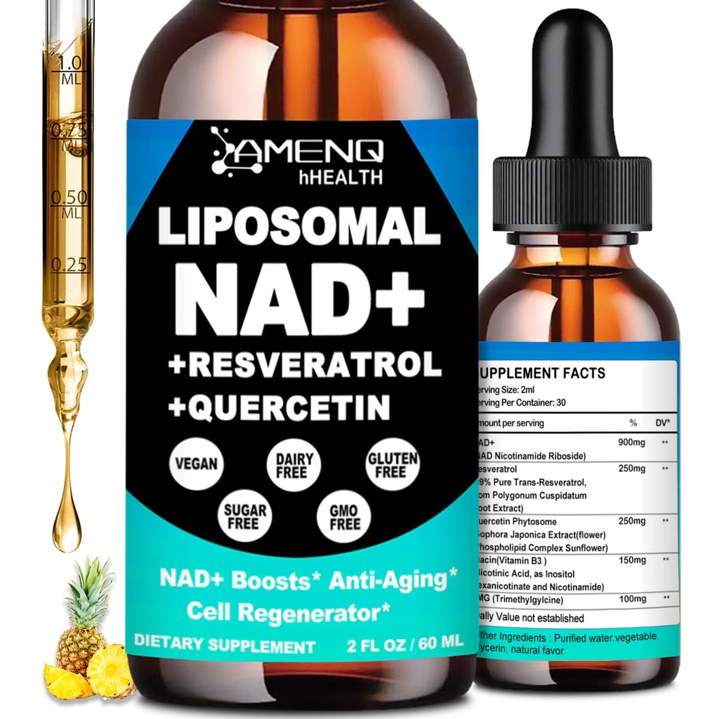 NAD supplement, Liposomal NAD Nicotinamid Riboside Resveratrol 900mg Quercetion, TMG, vitamin B3, høj potens NAD Plus flydende supplement til Cell Regenerator, Longevity, Energy, Anti- Aging, Focus