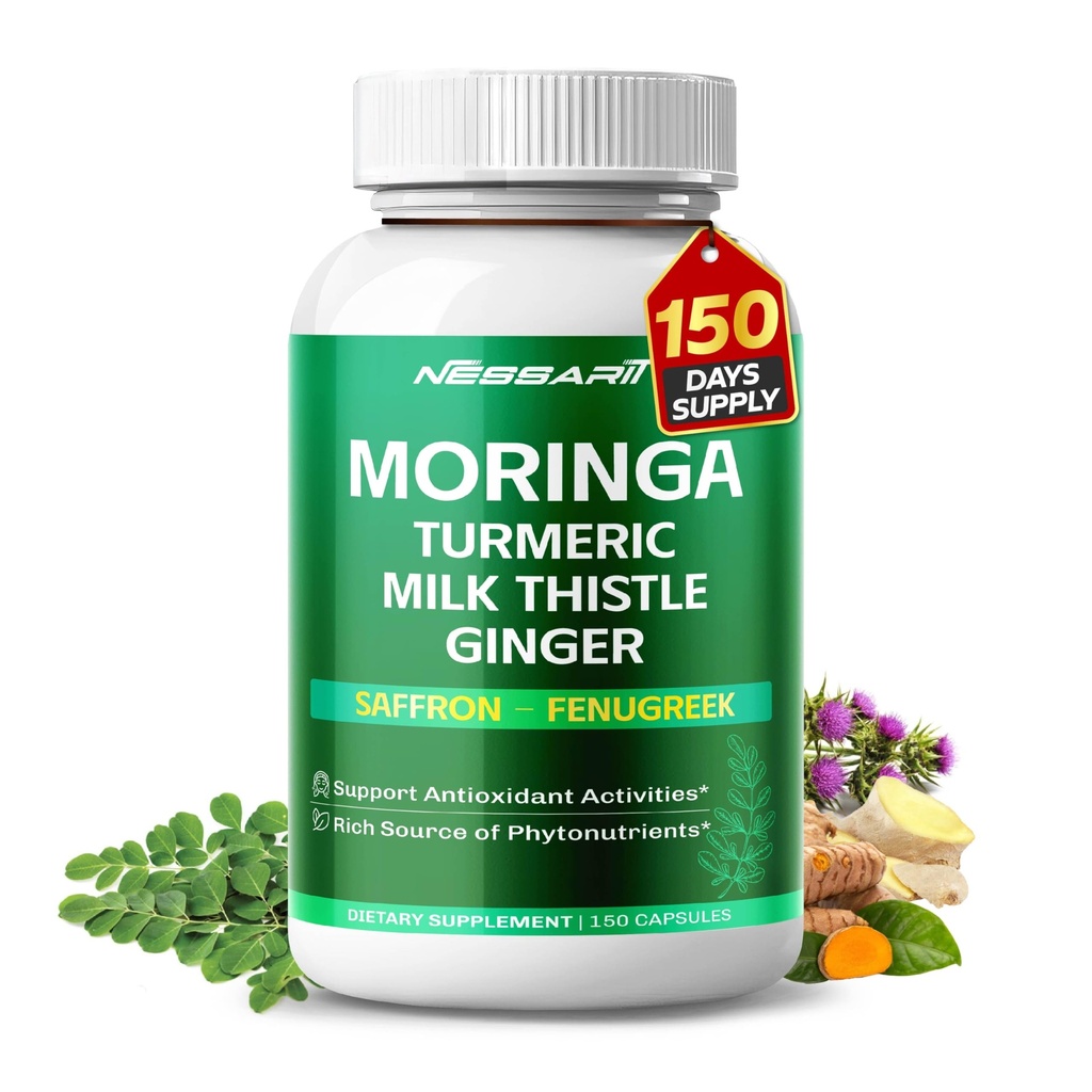 Moringa Supplement - 10-in-1 Natural Blend with Turmeric Milk Thistle Ginger Saffron Fenugreek Holy Basil Ceylon Cinnamon - 150 Count
