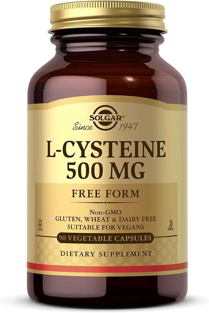 Solgar L- Cysteine 500 mg, 90 Vegetabilske kapsler - Gratis form Aminosyre - Keratin støtte til hud, hår & negle - Glutathione support - Vegan, Gluten fri, Dairy Free, Kosher - 90 Servere