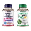 Grossome Wellness Dr. Formuleret Raw Probiotika til kvinder 100 Millioner CFU 'er + fordøjelige enzymer 1000MG Plus Prebiotika & Probiotika Supplement Bundle