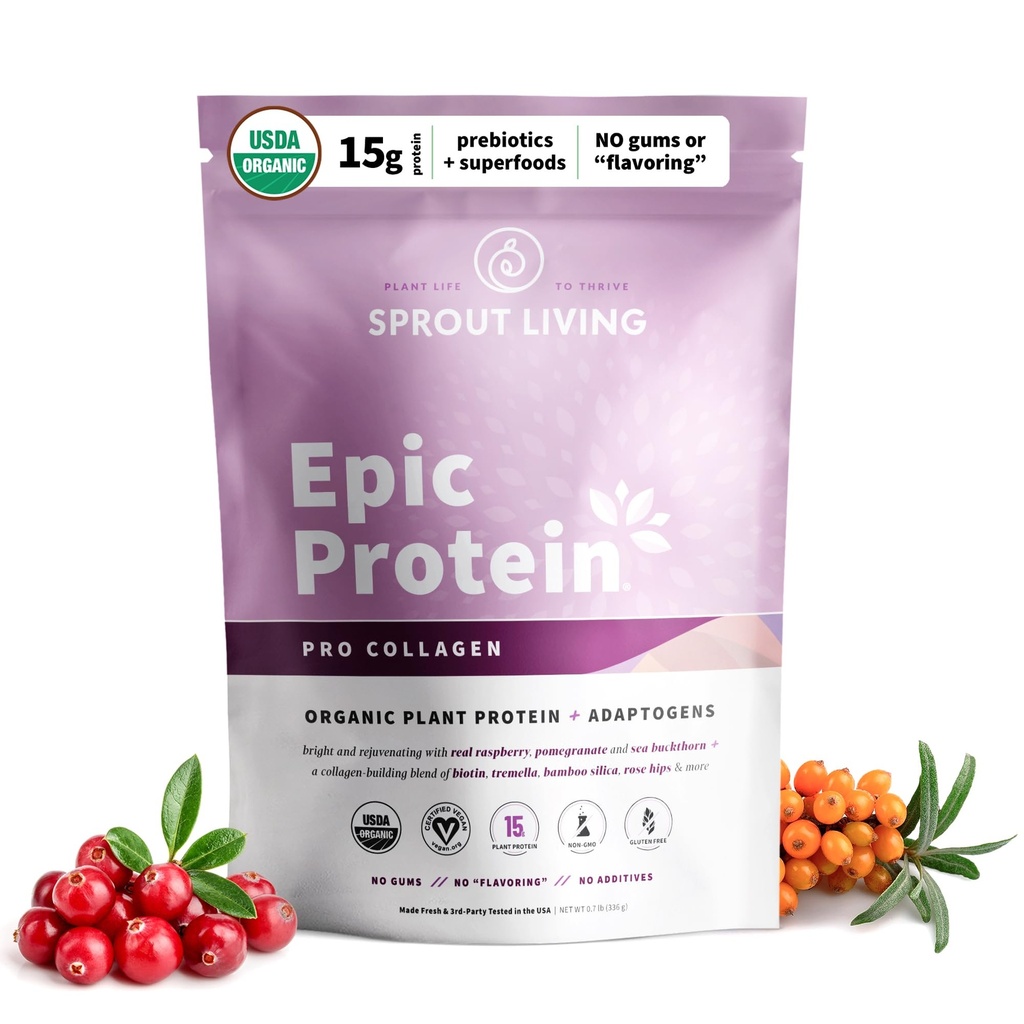 Sprud Living Epic Protein, Plant Based Protein & Superfoods Powder, Pro Collagen, Berry Medical 124; 15 Grams Organic Protein Powder, Vegan, non-Dairy, Non- GMO, Gluten Free, Low Sugar (0,7 Pund, 12 Servere)