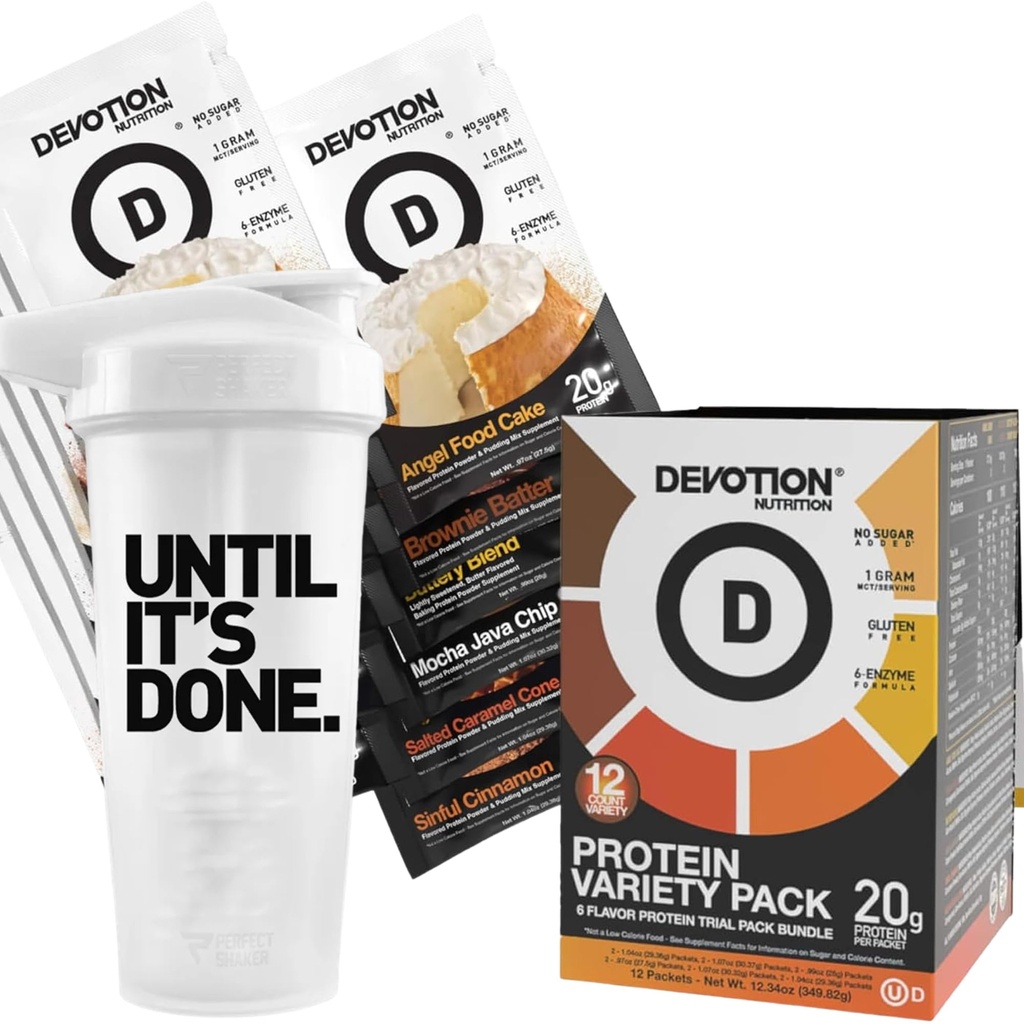 Devotion Nutrition Protein Powder Packets: Variety Pack with Shaker Bottle - 6 Flavors 12 Single Serve Packets - 20g Protein, No Added Sugar, Gluten-Free
