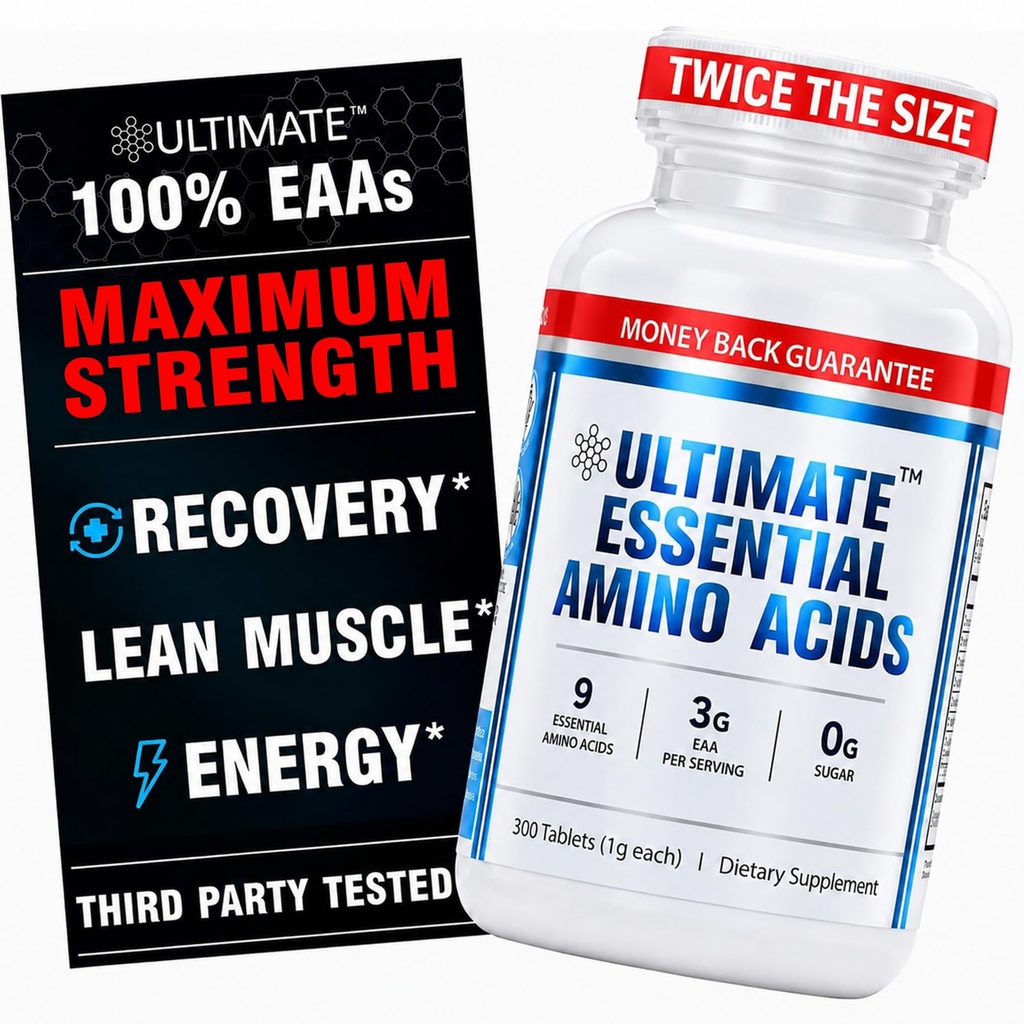 Ultimate Essential Amino Acids Supplement for Cutting, Fasting & Workouts, All 9 EAAs, 3000mg, 40% Leucine, 4:1:1 BCAA Ratio, Binder-Free with Organic Coating, Vegan, Keto, Non-GMO, 300 Tablets