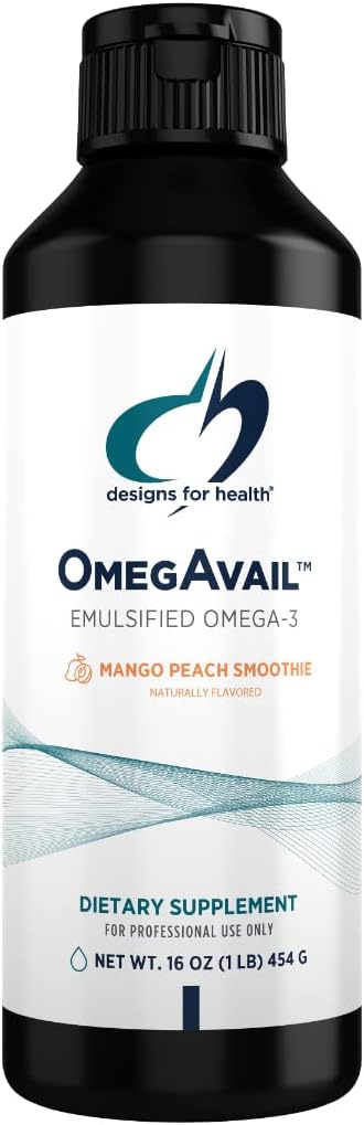 Design til sundhed Omegavail Smoothie - Omega 3 TG Triglycerid Fish Oil Emulsion med DHA + EPA - Flydende supplement til cardiovaskulær + Brain Support, Mango Peach Flavor (43 Servere / 16oz)