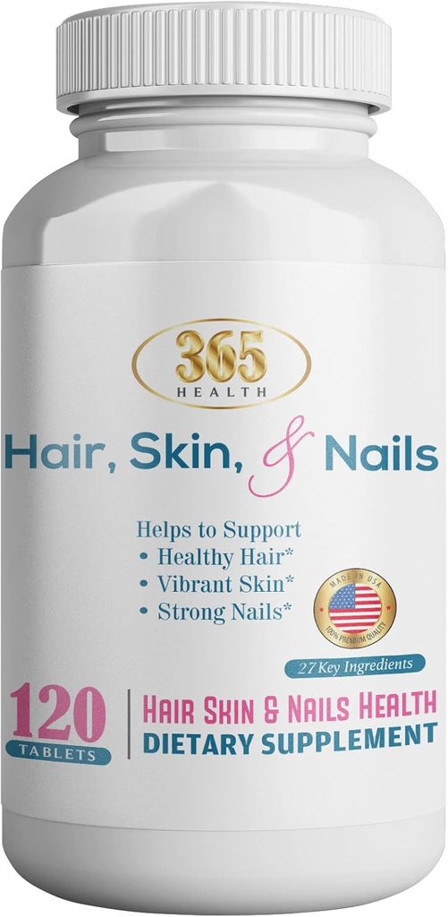 365 Health Skin, Nails & Hair, Advanced Formel, 120 tabletter - Understøtter Collagen til hår, negle og hud sundhed - Giver zink, C-vitamin & ikke-GMO, Vegan, Gluten & Dairy Free - 120 Serveringer
