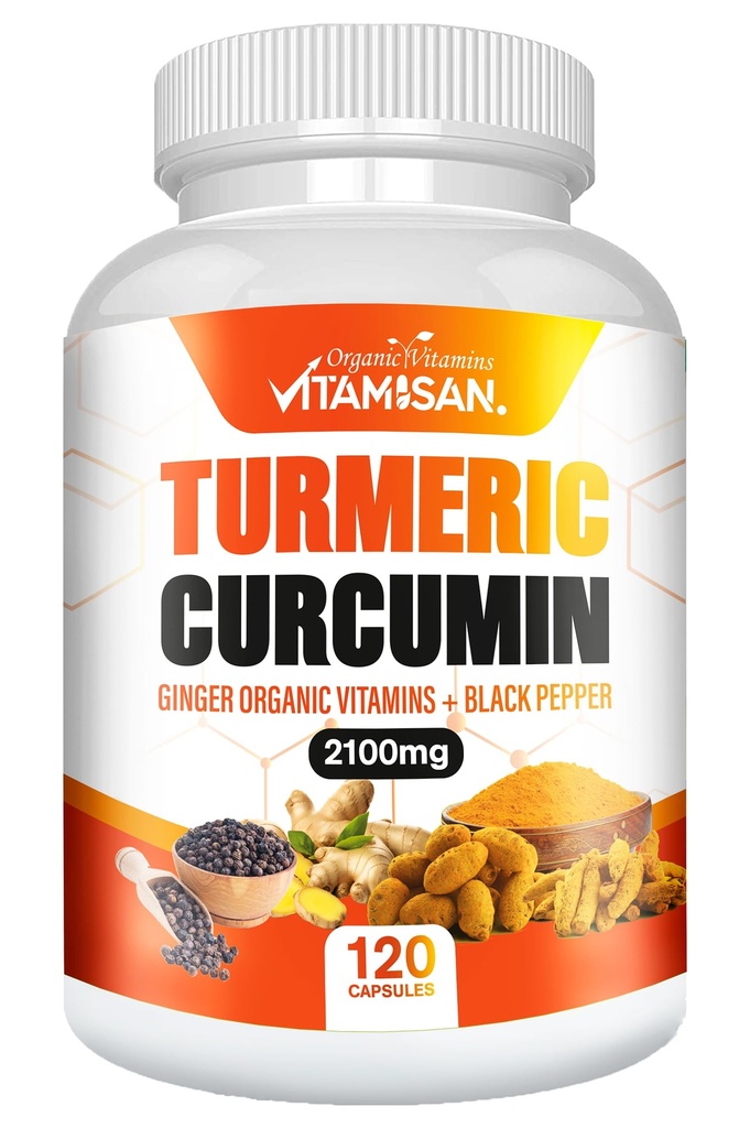 VITAMISAN Turmeric Curcumin 95% Curcuminoids with Ginger & Black Pepper – 2100 mg – High Absorption – 120 Capsules – Non-GMO