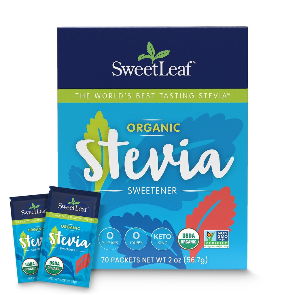 SweetLeaf Organic Stevia Powder Packets - Zero Calorie Sweetener with Stevia Leaf Extract, No Kunstig Sweettener Additive, Sugar Free, Keto Friendly, Non GMO, Gluten Free - 70 Packets (Pack of 1)
