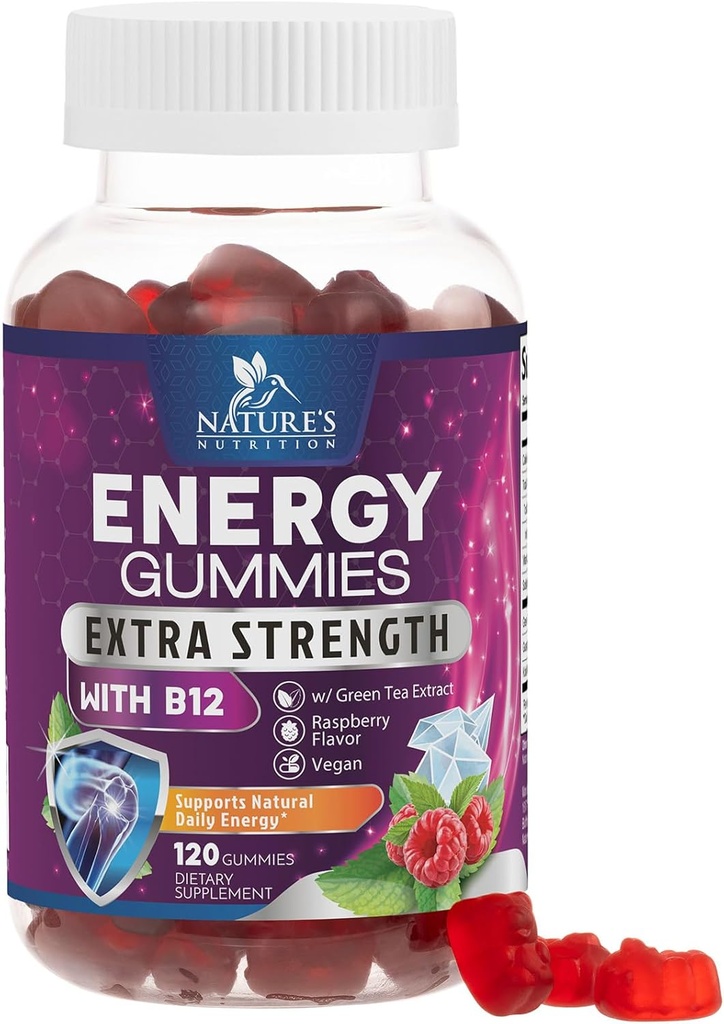 Energy Gummies 1000mcg - med vitamin B12, grøn te naturlig koffein støtte, Daglige energi Gummies - lækker berry flavor B12 tyggetræning supplement til kører cykling & sport - 120 tykkere
