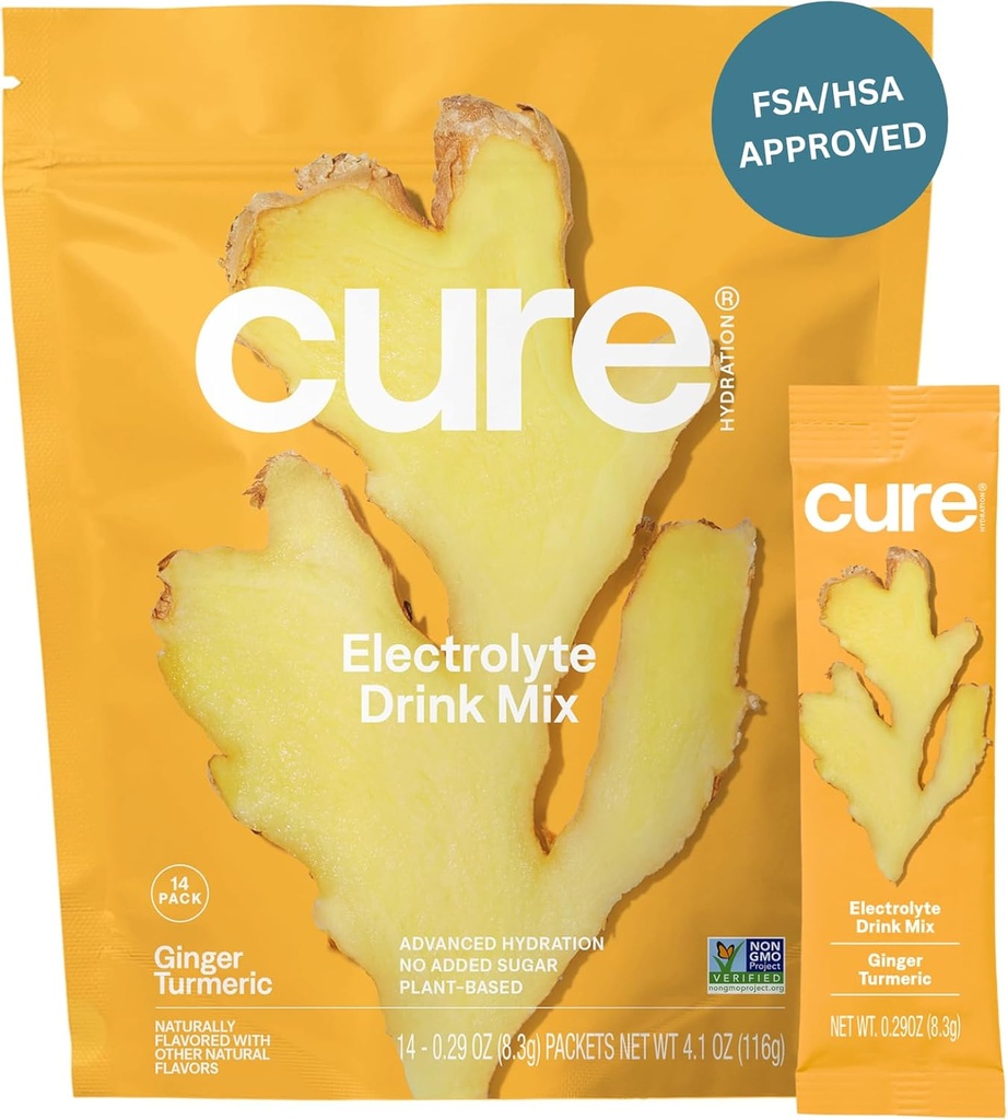 Cure Hydration • 124; Plantbaseret elektrolytdrik • 124; Ingen tilsat sukker • 124; FSA- HSA • 124; Dehydrering • Hjælpepulver fremstillet med kokos • 124; ikke- GMO • 124; Vegan • 124; Pouch af 14 Pakninger - Ginger Turmerisk
