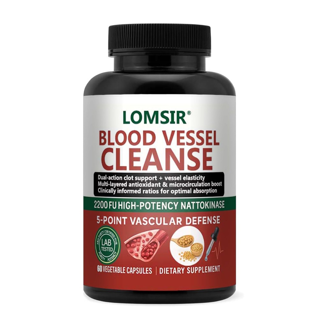 Blood Vessel Cleanse Capsules - Nattokinase Supplement with Gamma Oryzanol, Supports A Healthy Circulatory System - 60 Capsules