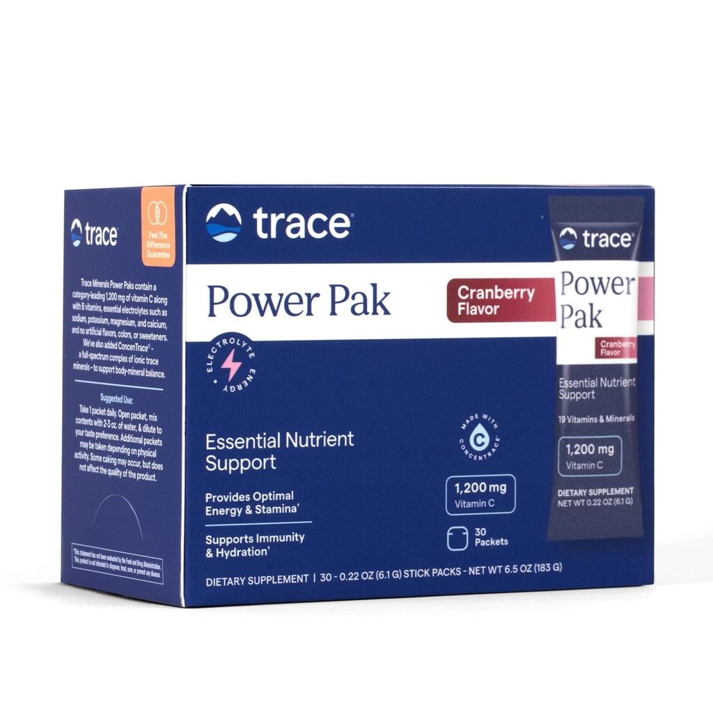 Trace Minerals Power Pak Multivitamin og Multimineral Pakker - Elektrolyte Support - 1200 mg C-vitamin plus 70 + Trace Minerals - Tranebær Flavor - 30 Pakker