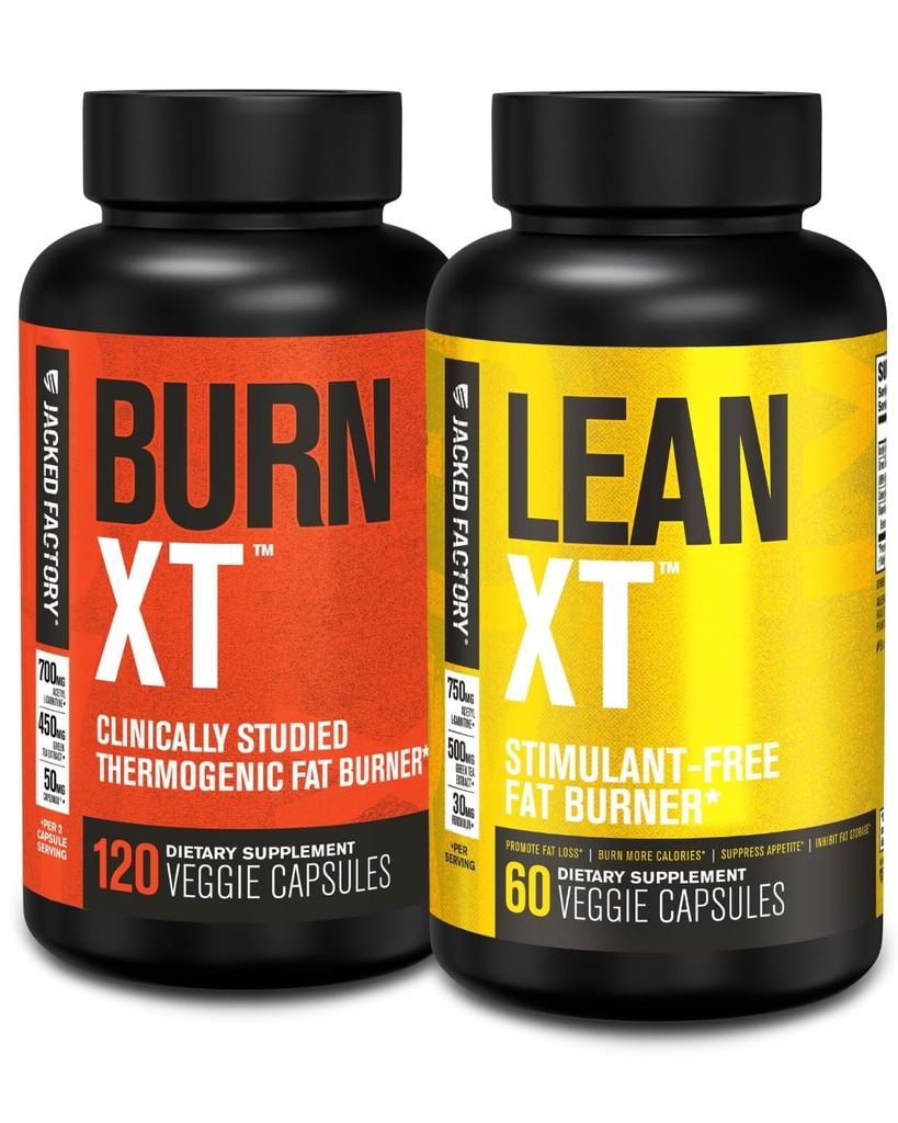 Jacked Factory Burn- XT Klinisk Studerede Fat Burner & Vægttab supplement - Appetite Suppressant & Energy Booster (120 kapsler) & Lean- XT Coffeine- Free Fat Burner (60 kapsler)