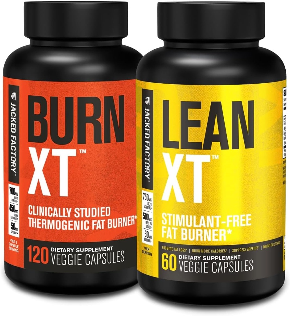 Jacked Factory Burn- XT Klinisk Studerede Fat Burner & Vægttab supplement - Appetite Suppressant & Energy Booster (120 kapsler) & Lean- XT Coffeine- Free Fat Burner (60 kapsler)