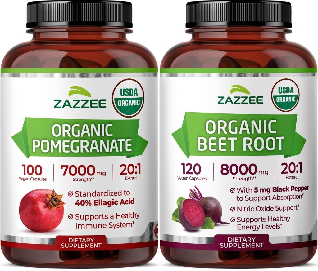 Zazzee Organic Anti Aging Healthy Heart Support Bundle | Antioxidant Rich USDA Organic Beet Root Extract Plus Pomegranate Extract Capsules | Non-GMO Vegan & ISO Lab Tested