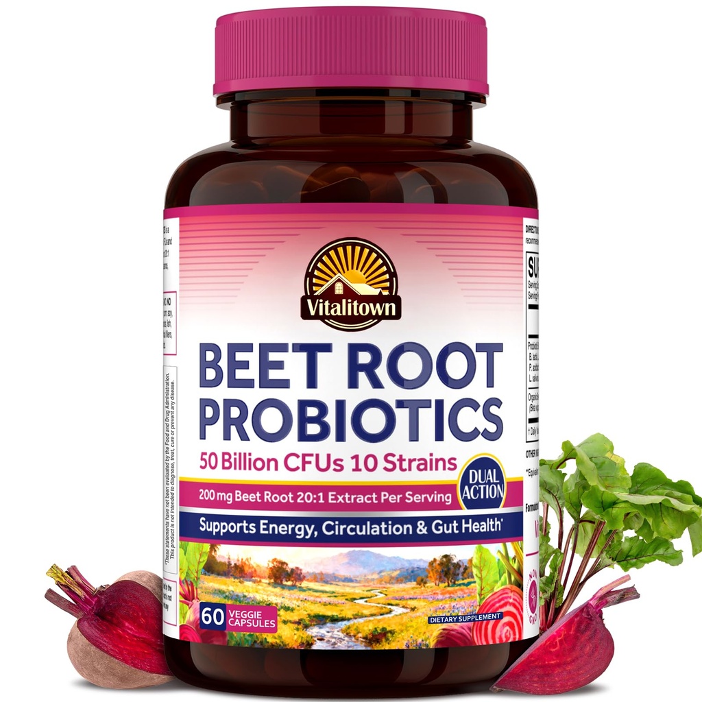 Vitalitown Organic Beet Root Capsules with Probiotics, 200 mg Organic Beet Root, 50 Billion CFU 10 Strains, Energy, Heart Health, Circulation, Digestion, 60 Veg Caps