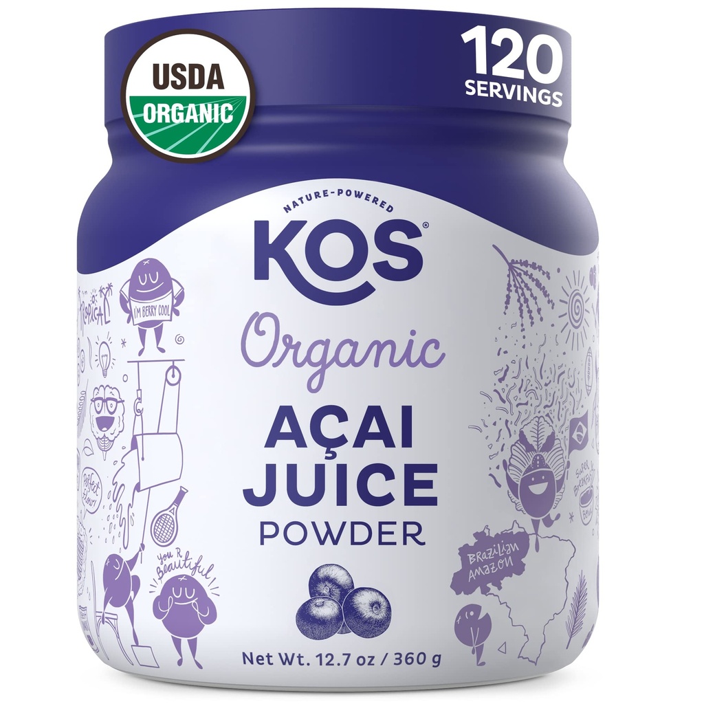 KOS Organic Acai Juice Powder - USDA Certified Organic, Plant Based Superfood Antioxidants, Superberry fra Brasilien, Great for Smoothies and Bowls, 0g Sugar, Vegan, Gluten- Free, Non- GMO - 120 Servering