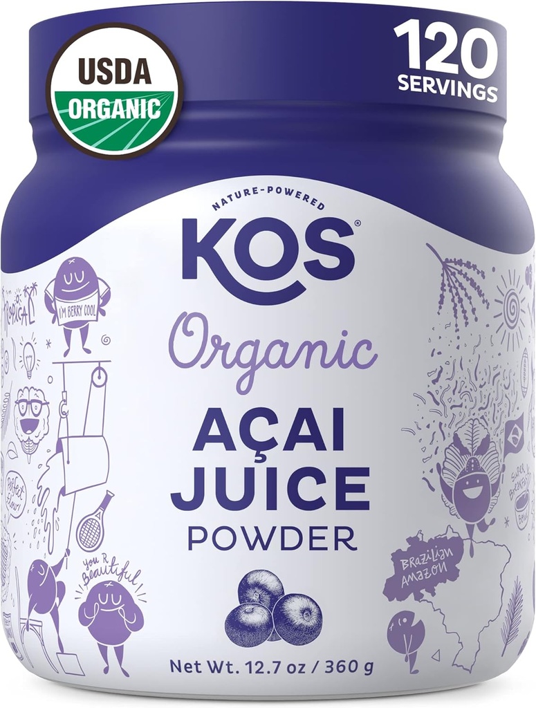 KOS Organic Acai Juice Powder - USDA Certified Organic, Plant Based Superfood Antioxidants, Superberry from Brazil, Great for Smoothies and Bowls, 0g Sugar, Vegan, Gluten-Free, Non-GMO - 120 Servings