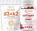 Micro Ingredients Vitamin D3 5,000iu + K2 100mcg Softgels & Multi Collagen Peptider Gummies Bundle Packle 124; Essential Sunshine Vitumeva; Type I, II, III, V, X Protein med biotin, Hyaluronsyre, & Vitami