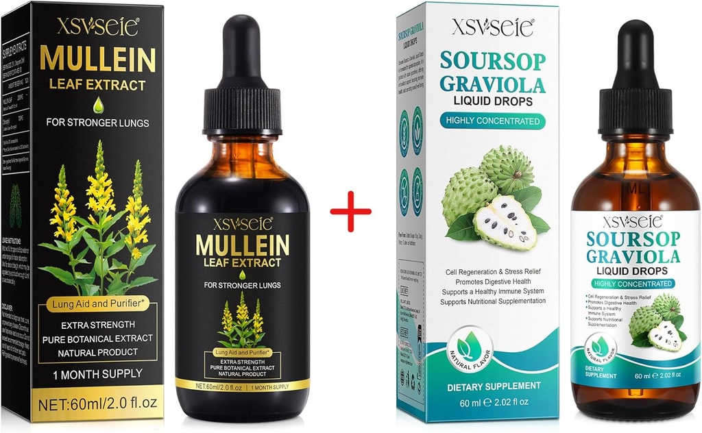 Mullein Drops til Lungs Cleans og Soursop Bitters Liquid, Mullein Leaf Extract Tinktur med Chlorophyll, Soursop Multivitamin Drops, Natural Herbal supplement til mænd og kvinder