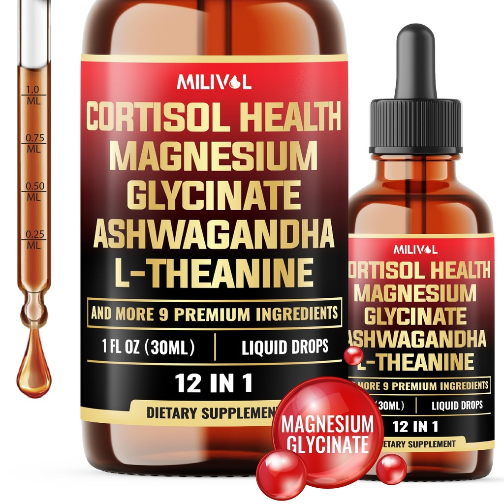 Cortisol Supplement for Women and Men - 12in1 Cortisol Detox Manager Reducer with Magnesium, Ashwagandha, L-Theanine, Phosphatidylserine - Hormone Balanced Liquid Drops - 1FL Oz